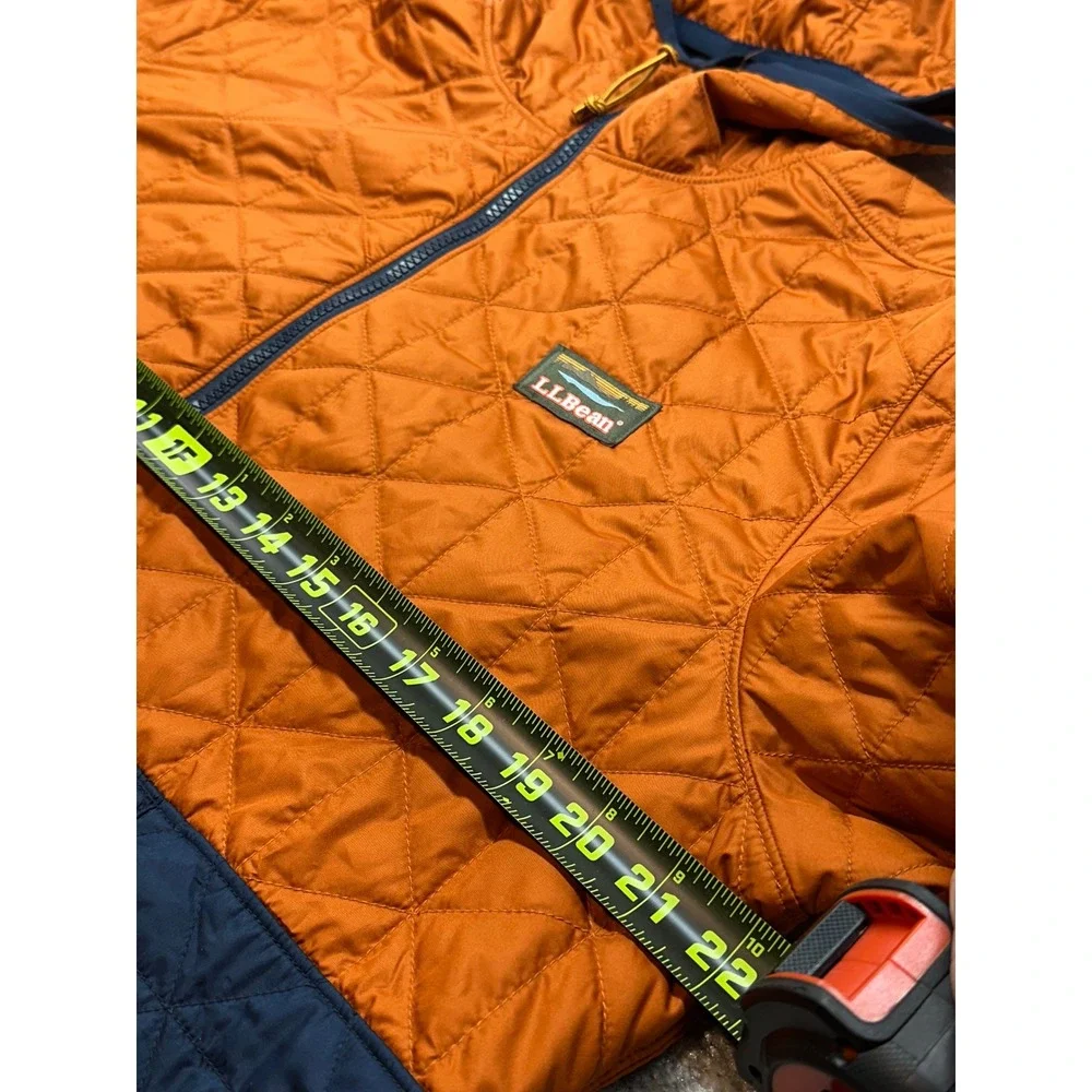 LL Bean Quilted Pullover Mens M Orange Navy Primaloft Hooded Anorak 503856